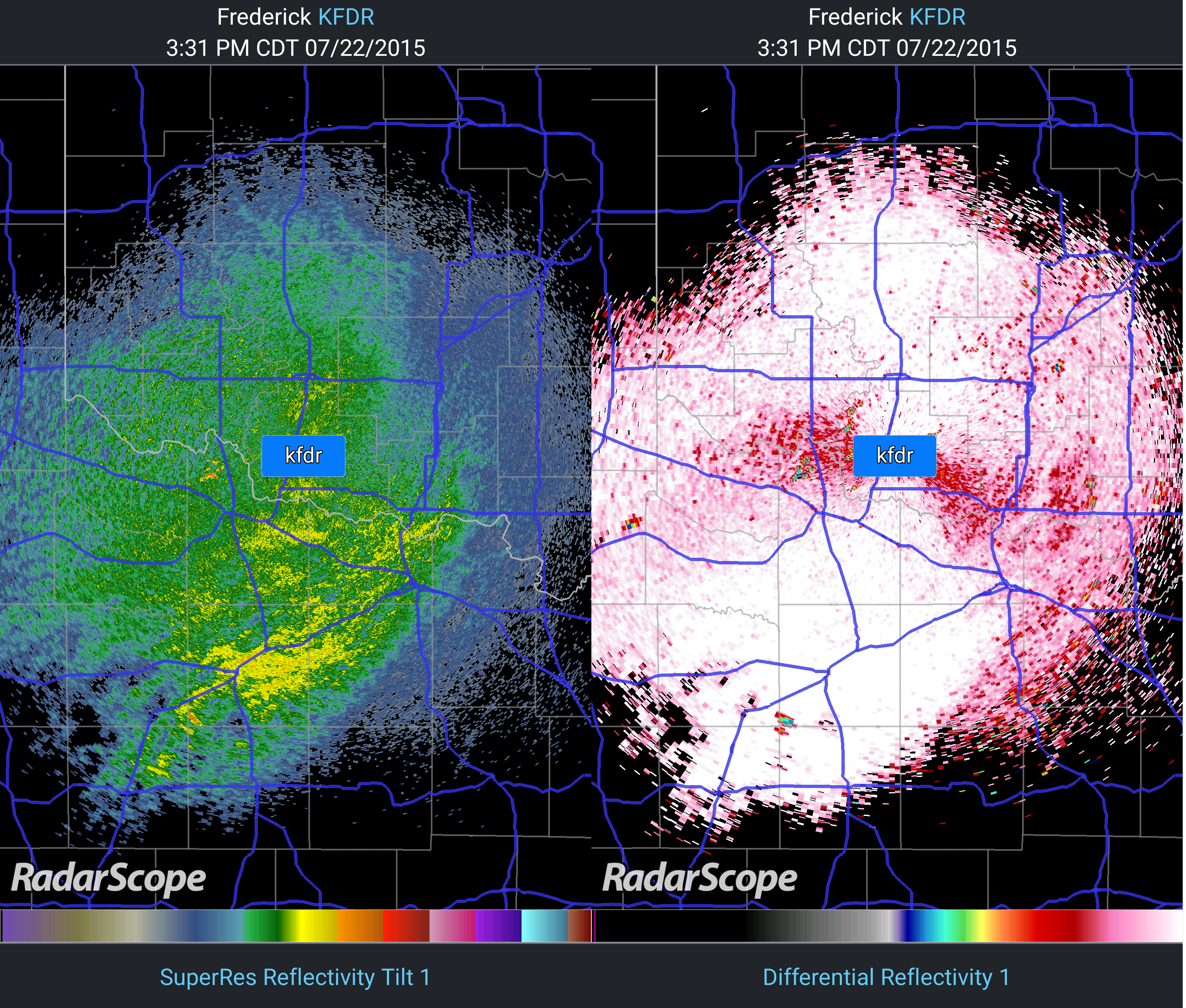 Radar reflectivity and differential reflectivity from KFDR showing swarm of grasshoppers.