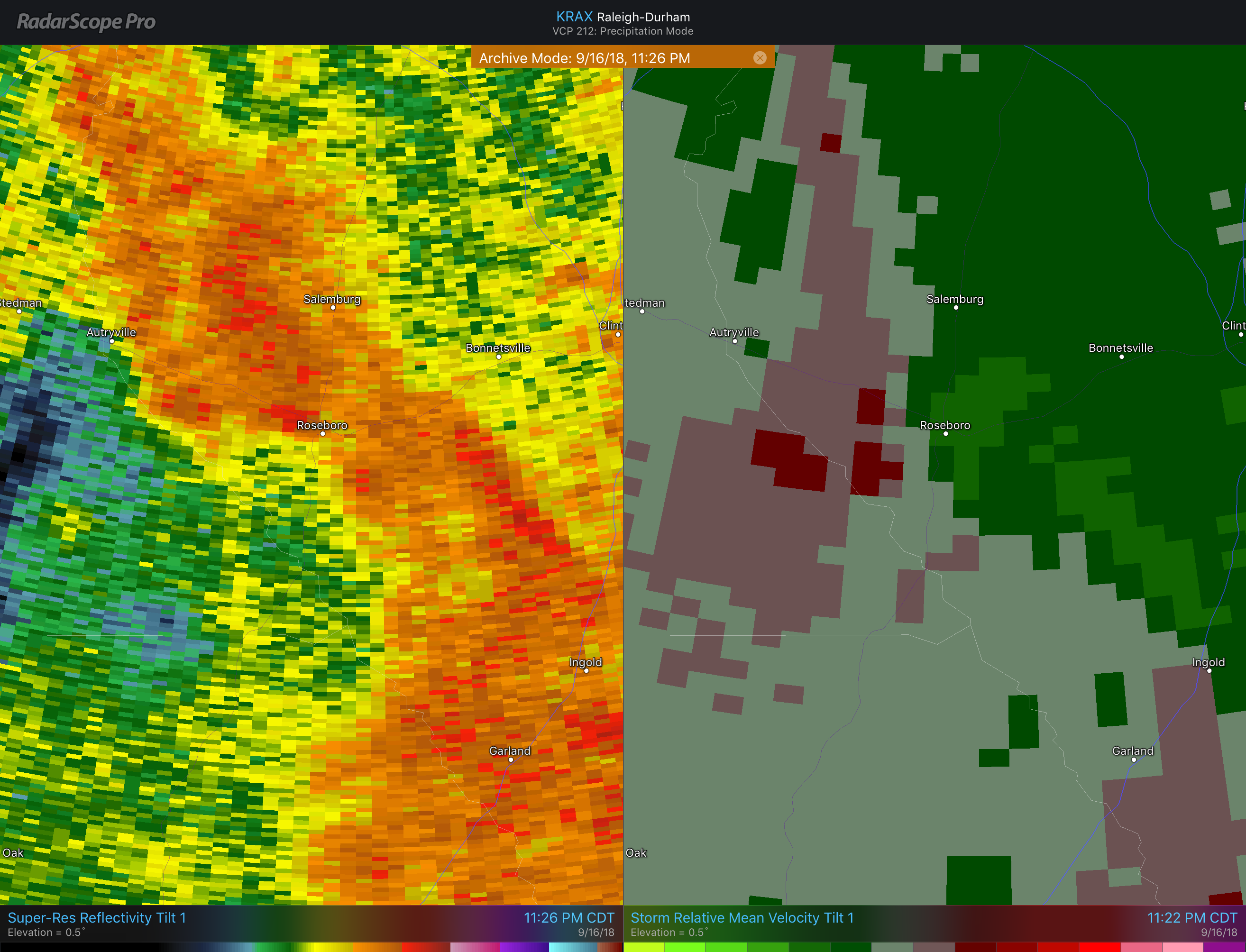 Roseboro, NC Tornado Reflectivity and Storm Relative Velocity 9/16/18