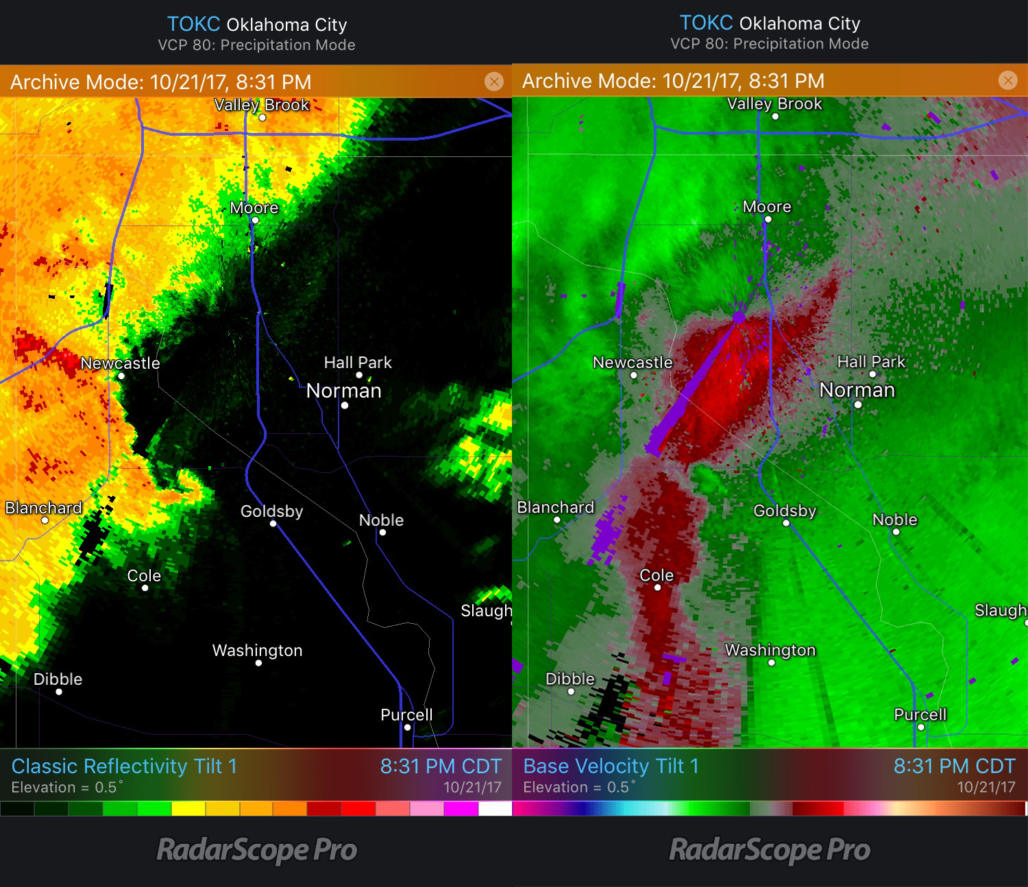 Goldsby Tornado Reflectivity and Velocity images from TOKC