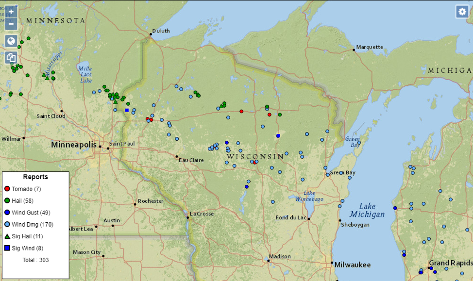 Wisconsin weather reports: 7 tornadoes, 58 hail, 49 wind gusts, 170 wind damage, 11 significant hail, 9 significant wind. Total reports: 303.